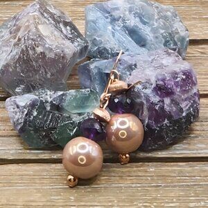 Champagne Ceramic, Amethst and Rose Gold Drop Earrings